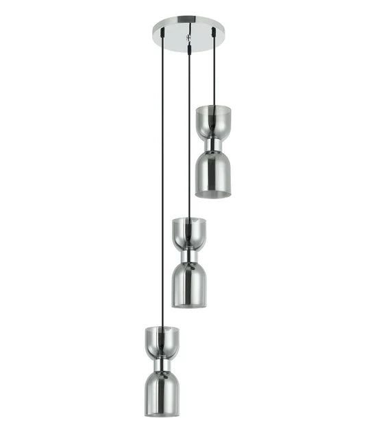 CLESSIDRA: Interior Mirror Finish Smokey Black / Opal Glass Ellipse Multiple Round Base Pendant Lights