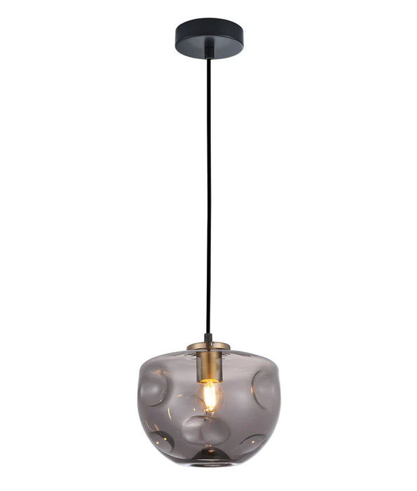 FOSSETTE: Interior Dimpled Smokey Black Mirror Finish Glass Pendant Light
