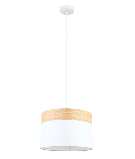 TAMBURA: Scandinavian Medium Drum Cloth Shade with Wood Veneer Trim Pendant Lights