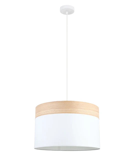 TAMBURA: Scandinavian Large Drum Cloth Shade with Wood Veneer Trim Pendant Lights